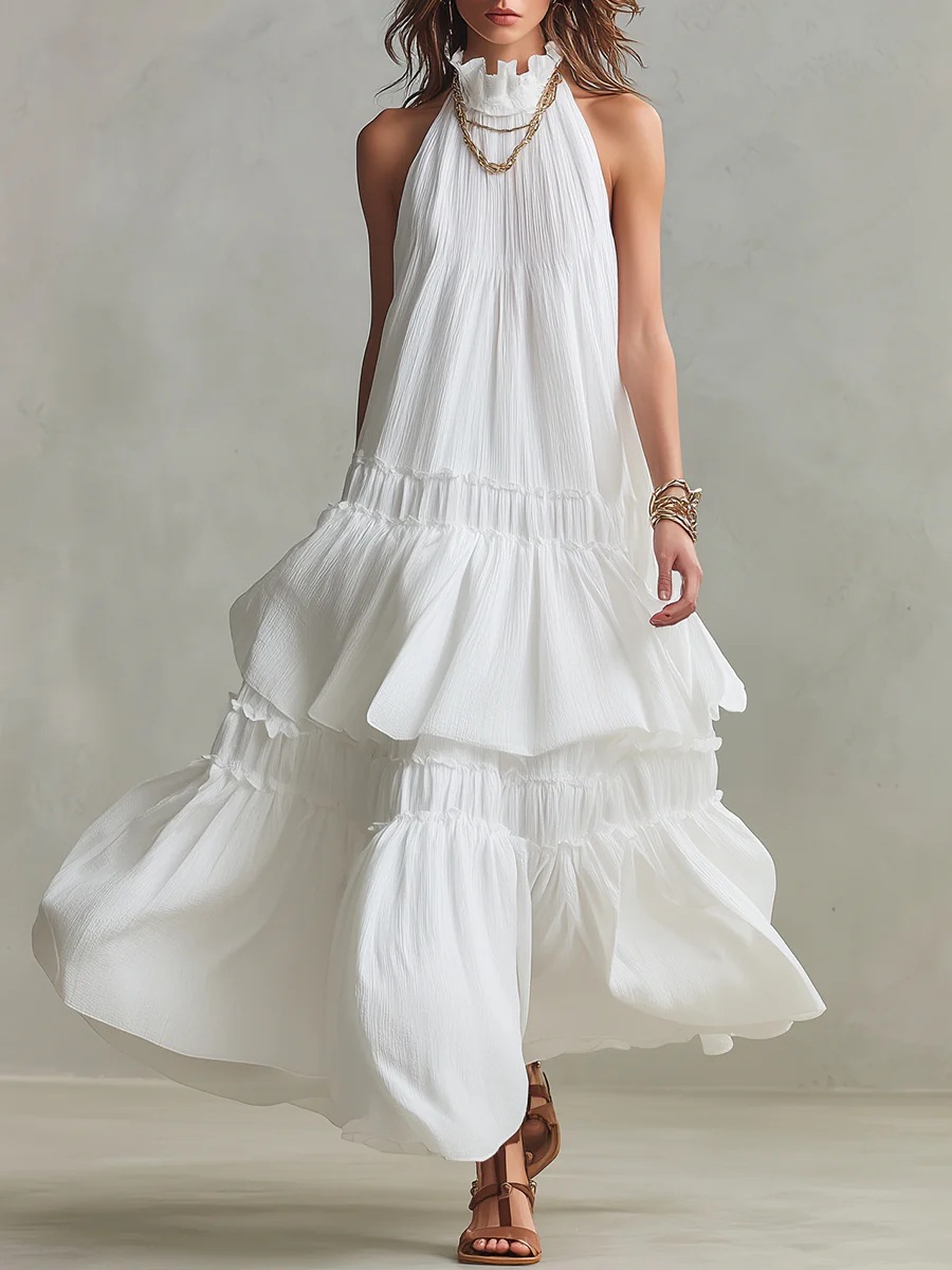 2026 European and American Women's Fashion Independent Site Amazon Halter Neck Dress Sleeveless Strap Dress Ruffled Princess Dress
