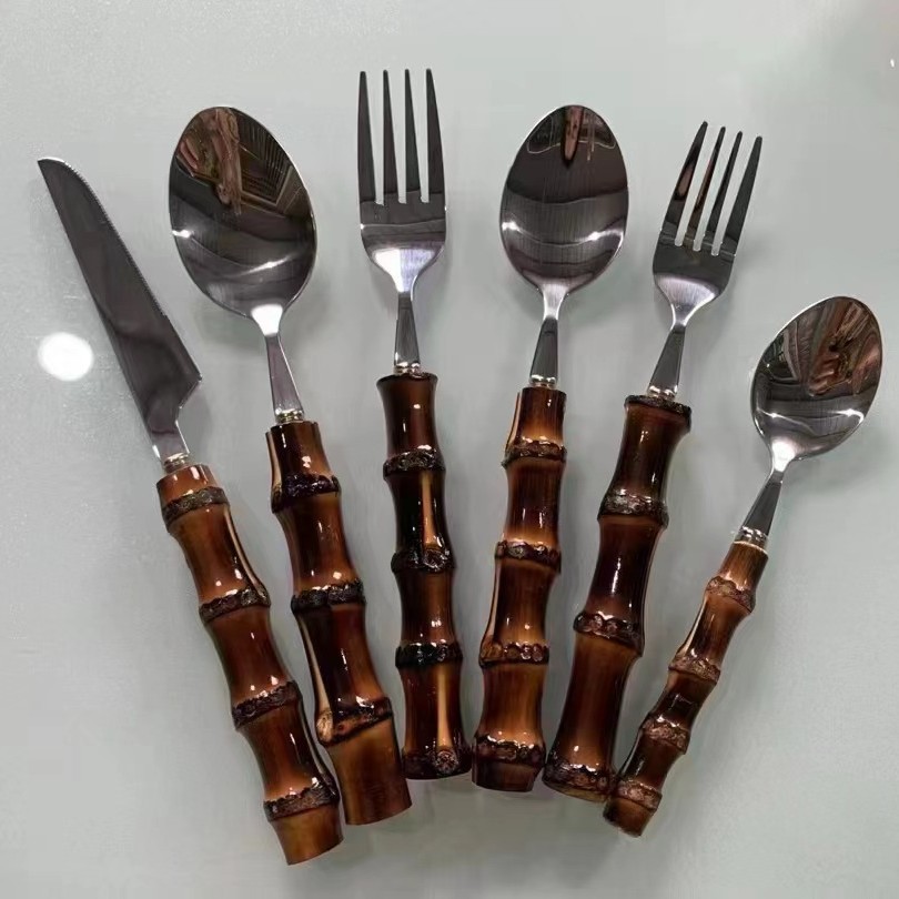 Vajilla de comida occidental Cuchillo y tenedor Cuchara de café Cuchara de helado de postre Mango de bambú Juego de vajilla de acero inoxidable Caja de regalo image 15