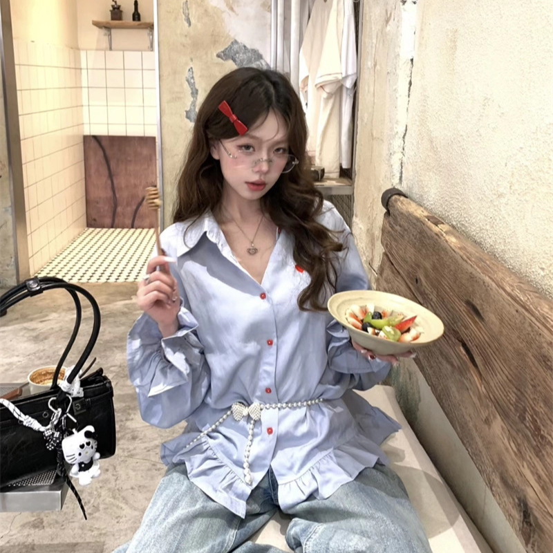 Heart Embroidery Flared Sleeve Shirt 2026 Spring and Autumn New Lace Patchwork Versatile Loose Button-Up Cardigan Top Heart Embroidery Flared Sleeve Shirt 2026 Spring and Autumn New Lace Patchwork Versatile Loose Button-Up Cardigan Top