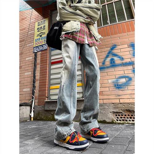 Vintage American workwear jeans for men, new autumn style, rinsed straight-leg with a vibe, high street trendy brand, slightly flared pants, cool punk style
