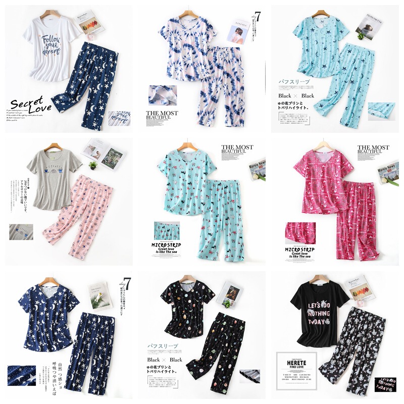 [Dropshipping Order] Cross-Border European Version Women's Summer Short Sleeve Capri Pants Set Knitted Cotton Plus Size Pajama Set