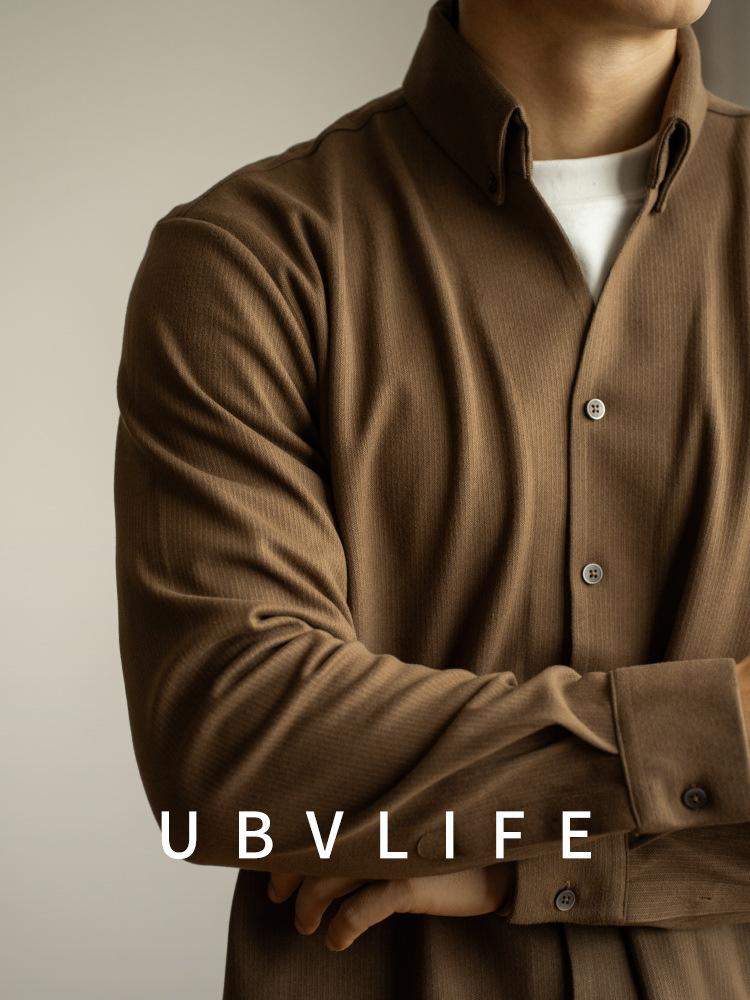 オールドマネー風蓄熱保温ウール素材小Vネック長袖シャツメンズ2026春ルーズカジュアルラペルシャツ