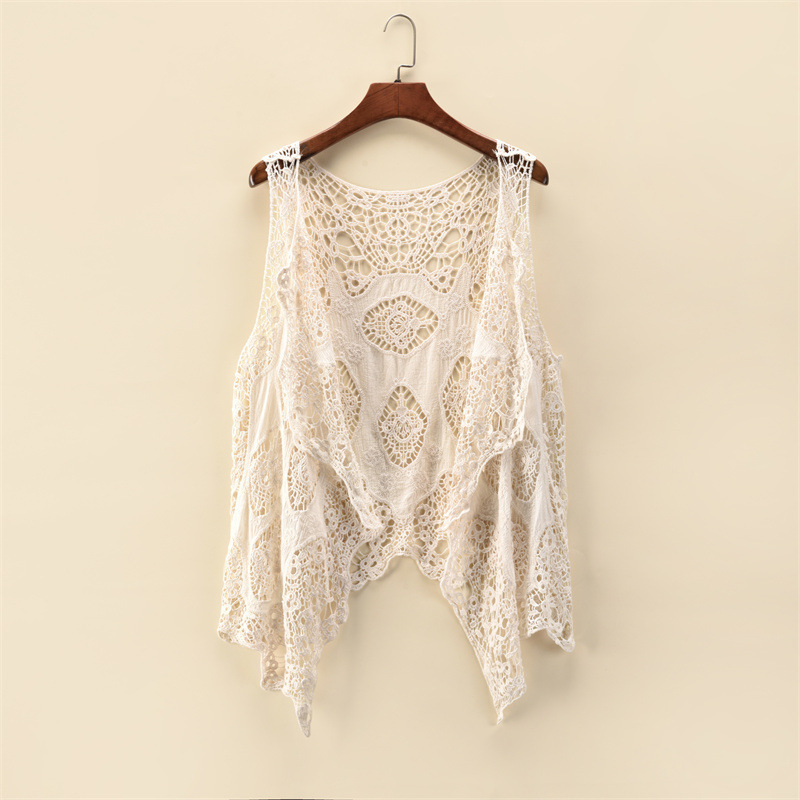 Cross-border women's summer outer thin coat sleeveless lace cardigan all-match shawl beach clothing sun protection clothing women's Hollow shirt