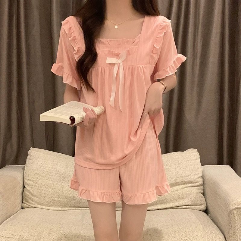 Women's Korean-Style Summer Sweet Square-Neck Ruffled Bow Tie Bean Paste Color Short-Sleeve Shorts Pajama Set Women's Korean-Style Summer Sweet Square-Neck Ruffled Bow Tie Bean Paste Color Short-Sleeve Shorts Pajama Set
