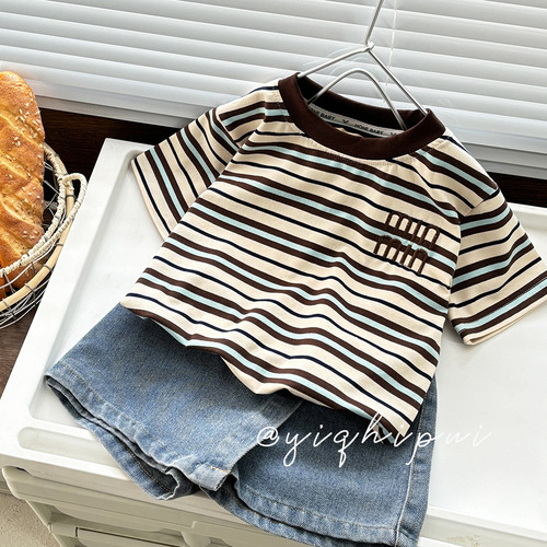 Summer New Striped Versatile Unisex Children's Short-Sleeve Fashion Children's Casual T-shirt Breathable Comfortable Loose Fit