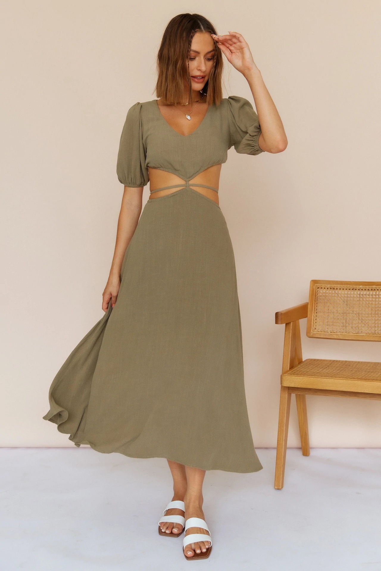 solid color lantern short-sleeved hollow v-neck mid-length dress  NSCXY121792