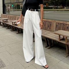 欧米のクロスボーダーの白い通勤風のスーツのズボンの女性のファッションの百合の高腰のカジュアルなズボンのゆったりしています。