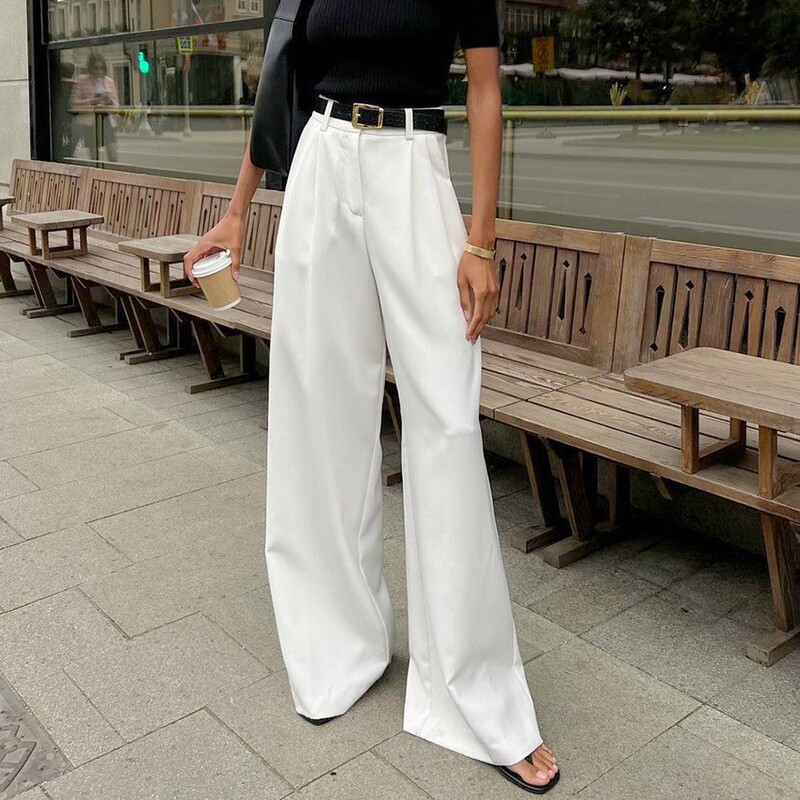 European and American Style White Commuter Suit Pants for Women, Fashionable Versatile High-Waisted Casual Pants, Loose Simple Floor-Length Trousers