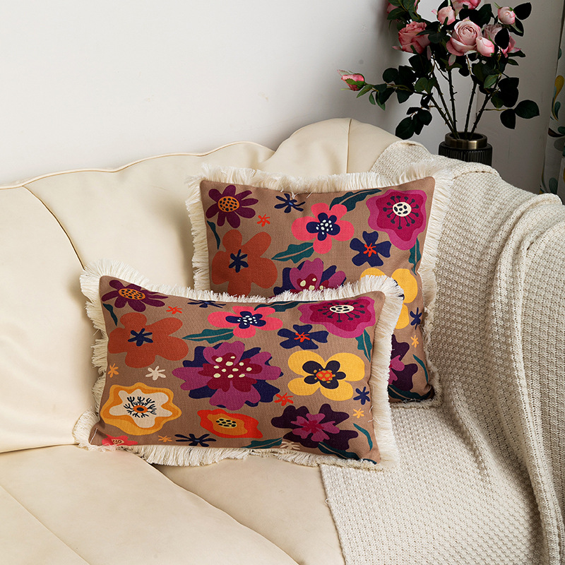 European and American style around tassel edge decorative plant flower cotton linen printed pillowcase home decoration sofa cushion cover_voghion.com