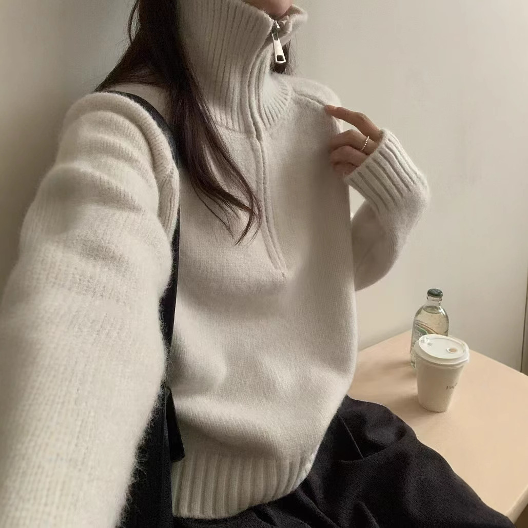 Design Sense Half Zip Lapel Pullover Sweater Women's Autumn and Winter New Korean Style Set Collar Loose Elegant Knitted Sweater for Outer Wear