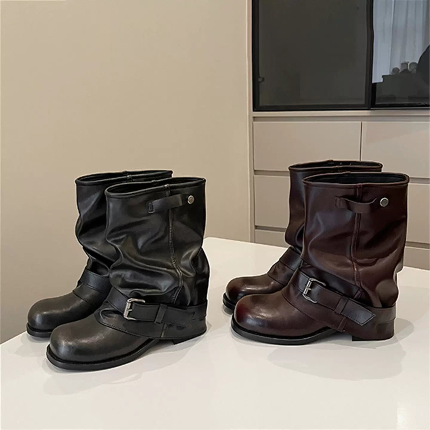 牛皮版~7CM内增高西部牛仔堆堆短靴女秋冬复古擦色褶皱裤管骑士靴