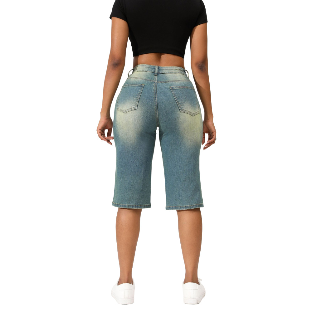 Tendencia europea y americana transfronteriza Vaqueros retro lavados sobre la rodilla mujeres primavera y verano nuevos jeans Jeans elásticos sueltos
