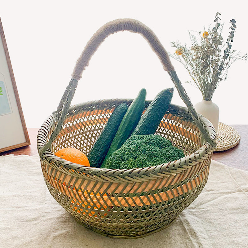 手持ちの大きな竹かご、竹編みの家庭用果物狩り、野菜かご、卵、小さな竹かご、収納かご|undefined
