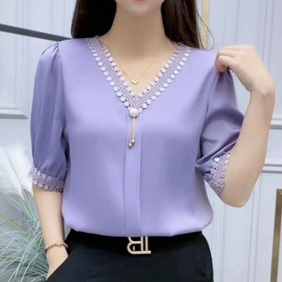 Designed Women's T-Shirt Short-Sleeved Summer New Large Size Slightly Fat mm Fashionable Mother's Shirt Light V-Neck Top for Women