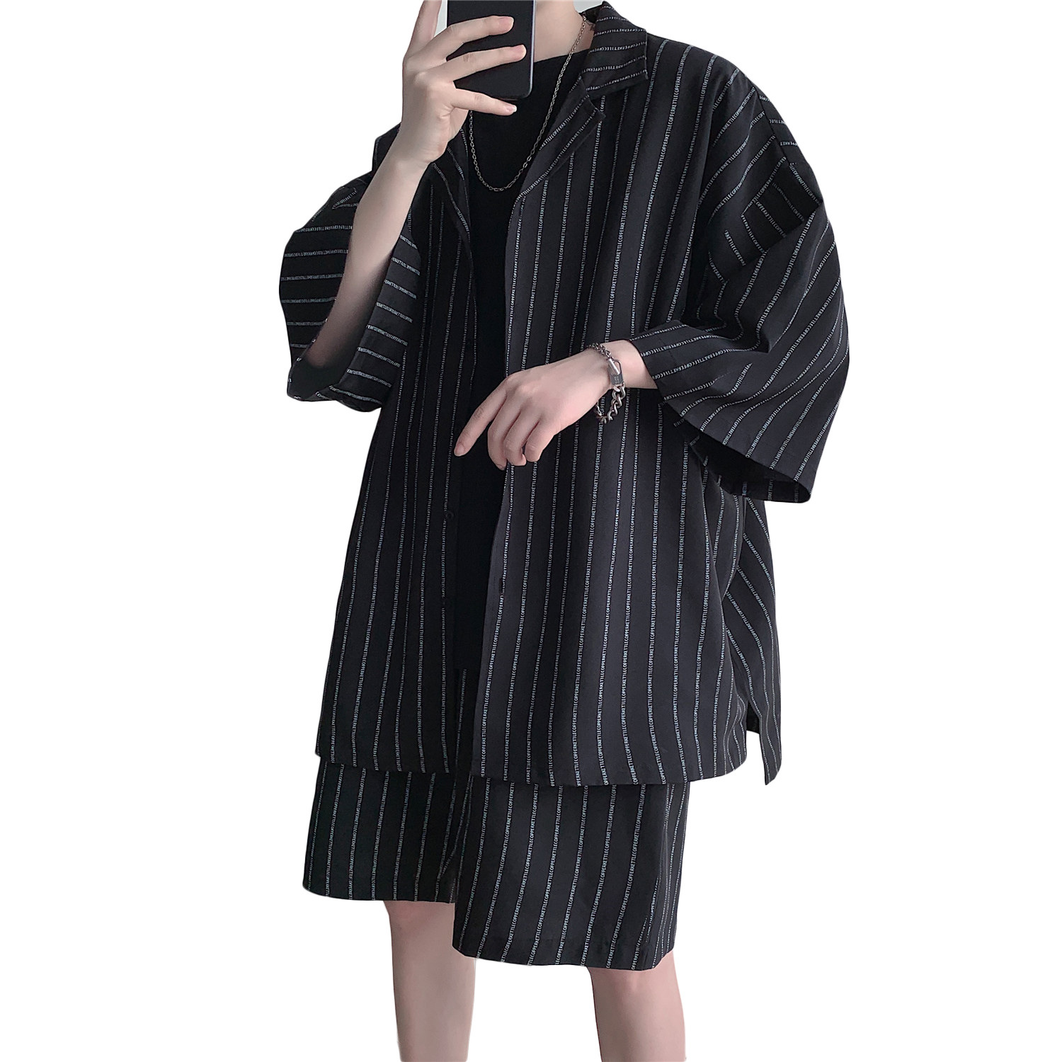 Summer Striped Short-sleeved Suit Men's Half-sleeved Shirt Fashionable Loose Shorts Men's Large Size Two-piece Casual Wear