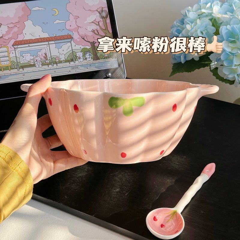 両耳スープボウルセラミックスープヌードルボウル家庭用イチゴ大容量インスタントヌードルボウルインスタイルスープボウル大ボウルカタツムリヌードルボウル|undefined