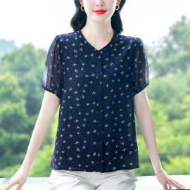 夏季新款大码女装衬衫时尚碎花立领短袖上衣宽松小衫年轻妈妈装