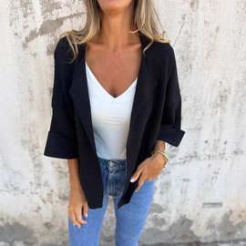 2025亚马逊速卖通独立站女装春秋季休闲仿麂皮绒开衫纯色翻领外套