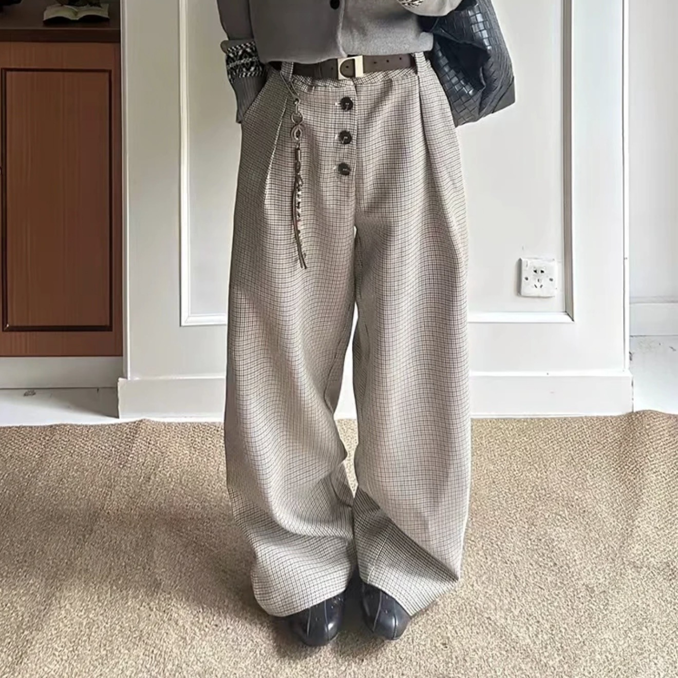 Vintage Houndstooth Pleated Button A-Line Wide-Leg Men's Trousers Retro Commuter Versatile Loose Casual Long Pants