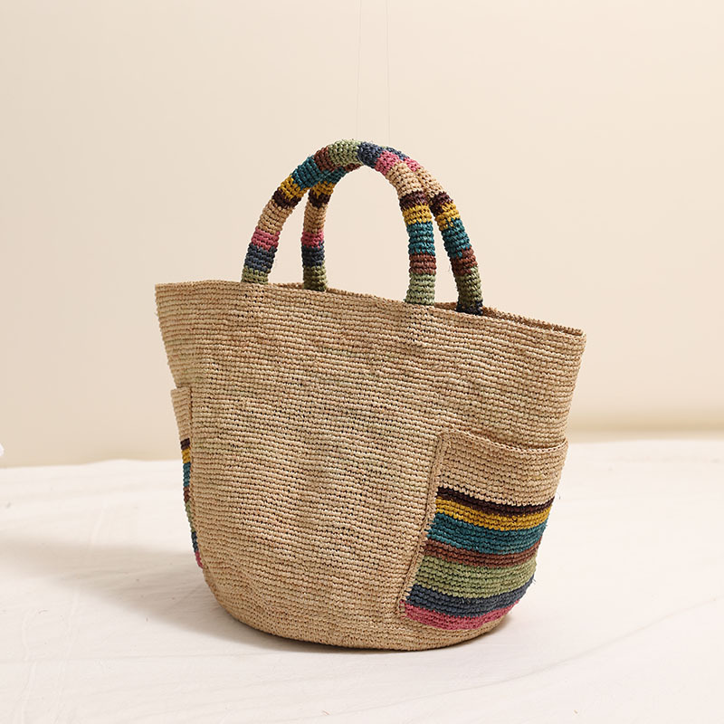 Luxury Raffia Hand-Woven Tote Bag - New Fashion Colorful Outer Pocket Woven Bag For Women, Beach Vacation Bag - Thumbnail 3