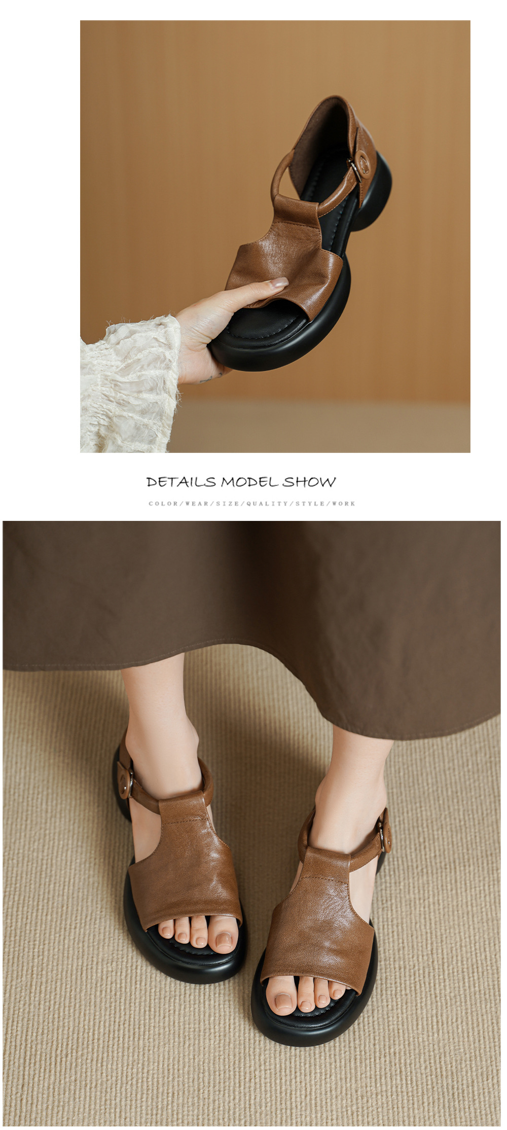 Sandal nữ da cừu mềm đế dày hở mũi, quai chữ T, gót thấp 3 cm, dán ma thuật — Vàng nâu chi tiết 7