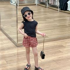 童裝女童套裝2024夏裝露肩背心小吊帶上衣四粒扣紅格子半身裙褲