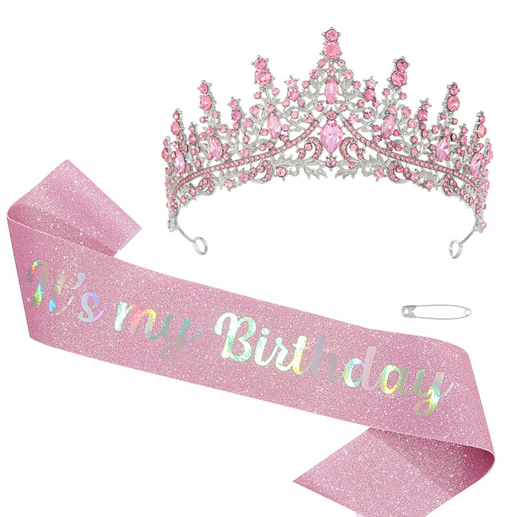 Birthday queen pink crown shoulder strap suit Birthday queen crystal rhinestone crown party accessories