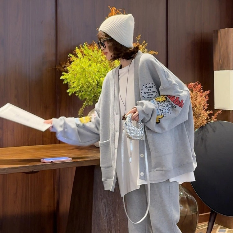 Plus-Size Women's Oversized 150kg Trendy Early Autumn Gray Cartoon Casual Sweatshirt Jacket Plus-Size Women's Oversized 150kg Trendy Early Autumn Gray Cartoon Casual Sweatshirt Jacket