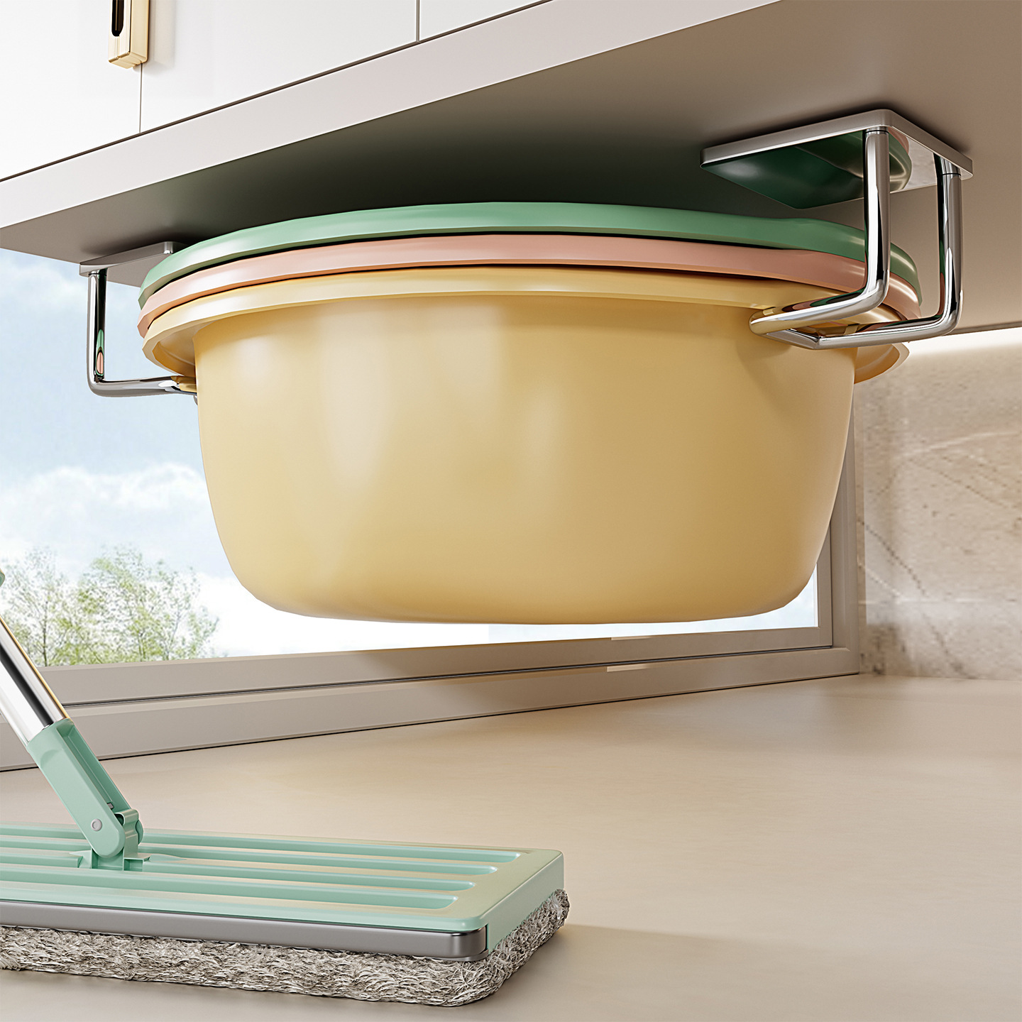 Stainless Steel Basin Storage Rack, Bathroom Cabinet Under-Sink Storage Shelf with Hooks, No-Drill Hanging Basin Organizer