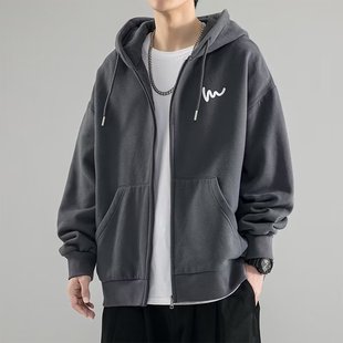 [开衫卫衣男生秋冬季潮牌宽松休闲连帽纯色百搭潮流情侣装大码外套]
