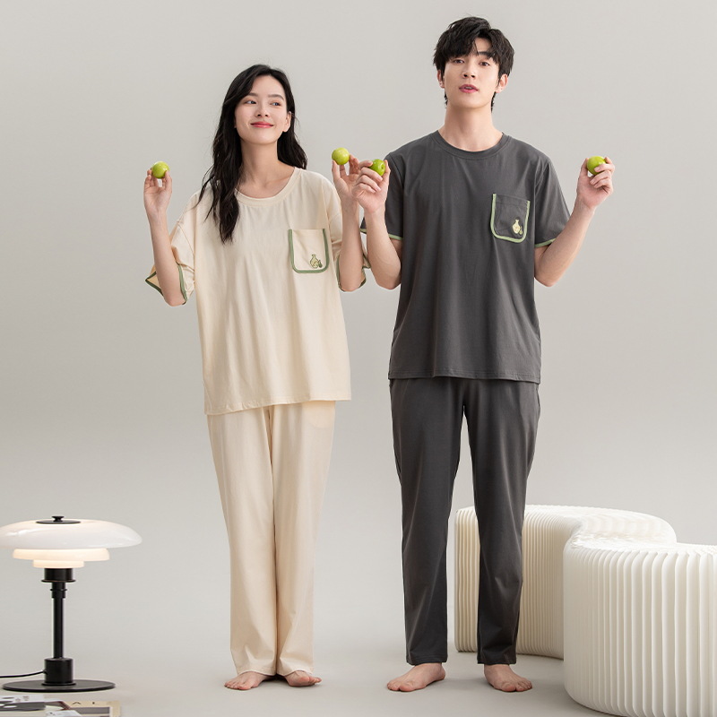 [Antibacteriano] pijama hombre de verano de mangas cortas de algodón pareja conjunto de mujeres casuales de color sólido de alta calidad ropa para el hogar