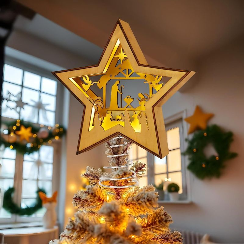 クロスボーダークリスマスデコレーションオーナメント木製星型オーナメント木製ライト付きクリスマスツリー星型オーナメントライト付き|undefined