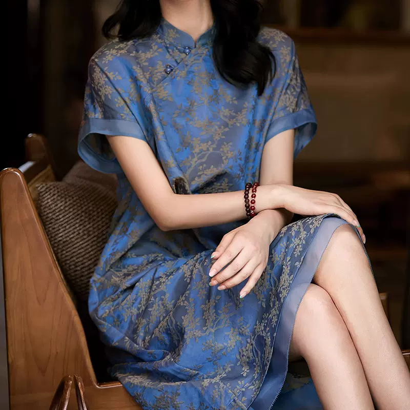 提花缎双面色新中式旗袍真丝棉连衣裙桑蚕丝裙子杭州女装新款夏季