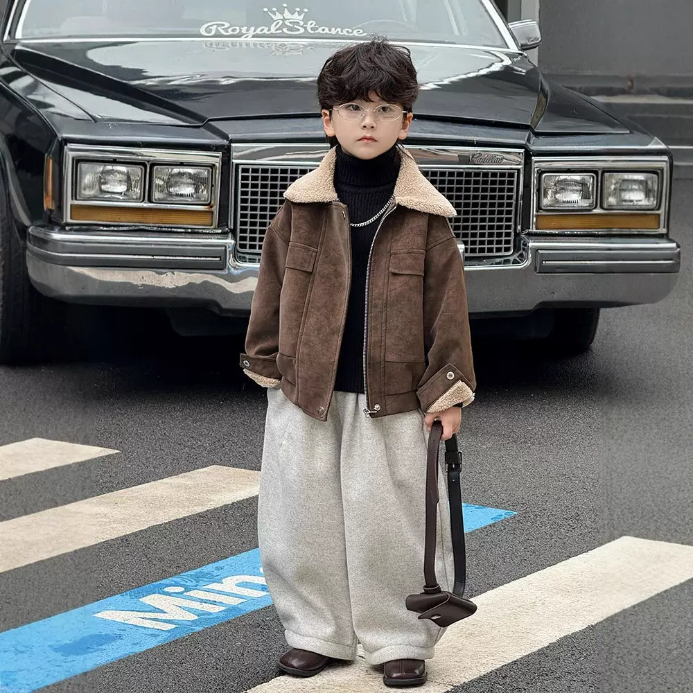 男童宝宝外套毛领2025秋冬新款加绒儿童皮衣夹克帅气潮范一件代发