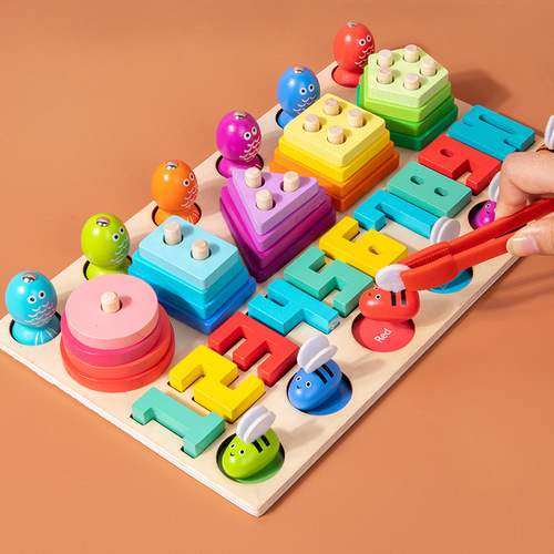 新品夹蜜蜂钓鱼套柱儿童早教数字形状认知磁性多功能益智积木玩具