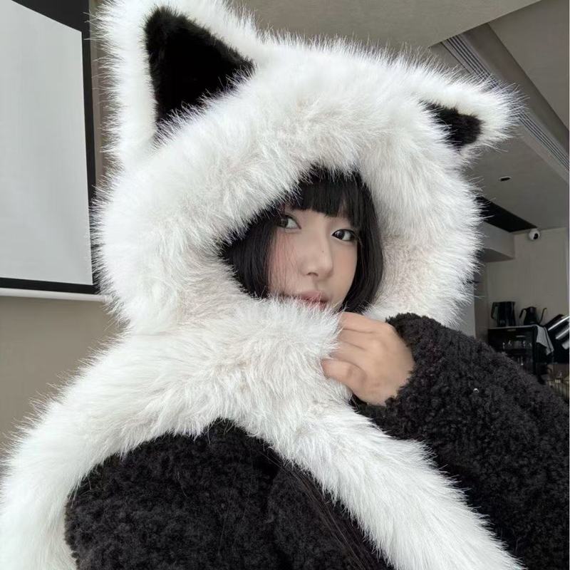加厚防寒毛绒狐狸耳朵帽女冬季围巾一体新款保暖百搭显脸小雷锋帽|undefined