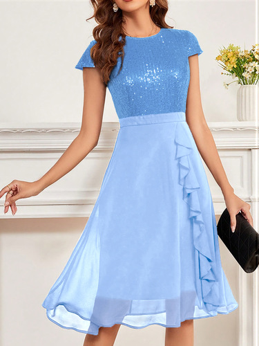 New European and American Party Dress: Wish Ruffled Fashionable Elegant Chiffon Sequin Dress for Women