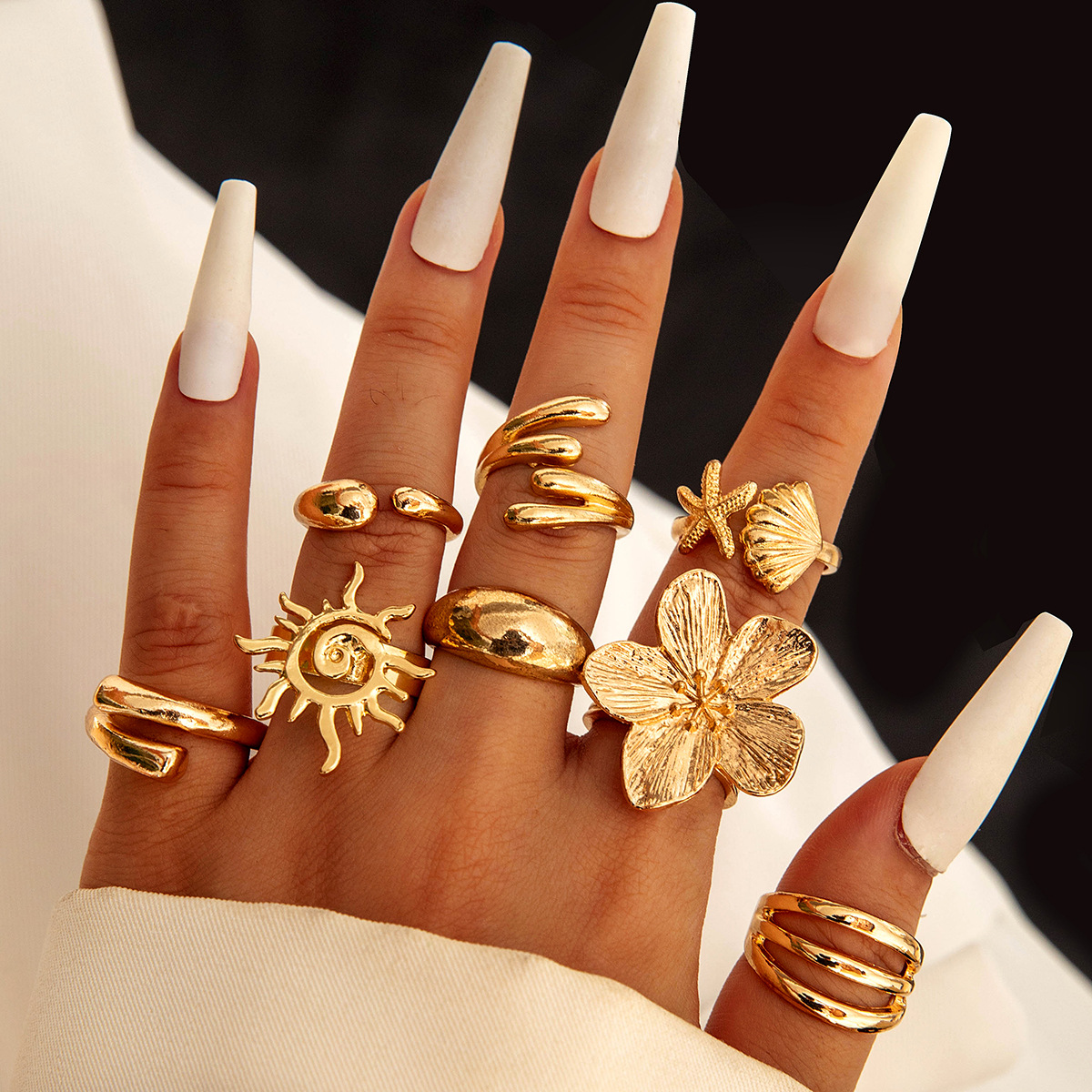 European and American Jewelry, Ocean Vacation Style Conch Shell Ring, Ins Style Metal Flower Open Ring Set