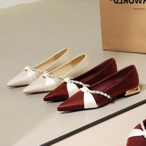 83925-1 Pearl Ribbon Red Xiuhe Wedding Shoes Women's Silk Coarse Heel Low Heel Bridal Shoes Not Tired Feet Single S