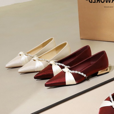 83925-1 Pearl Ribbon Red Xiuhe Wedding Shoes Women's Silk Coarse Heel Low Heel Bridal Shoes Not Tired Feet Single S