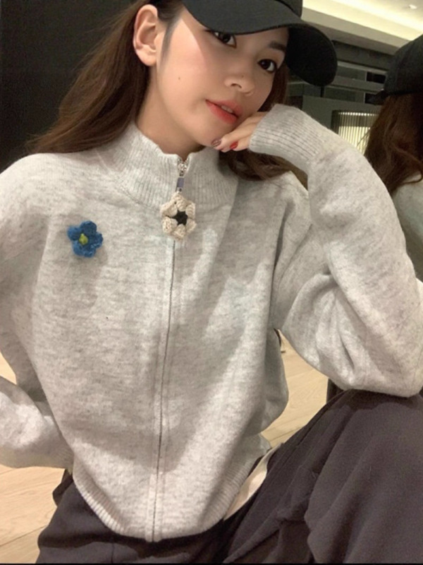 秋冬立体花朵灰色拉链半高领毛衣外套女百搭宽松短款针织开衫撞色|undefined