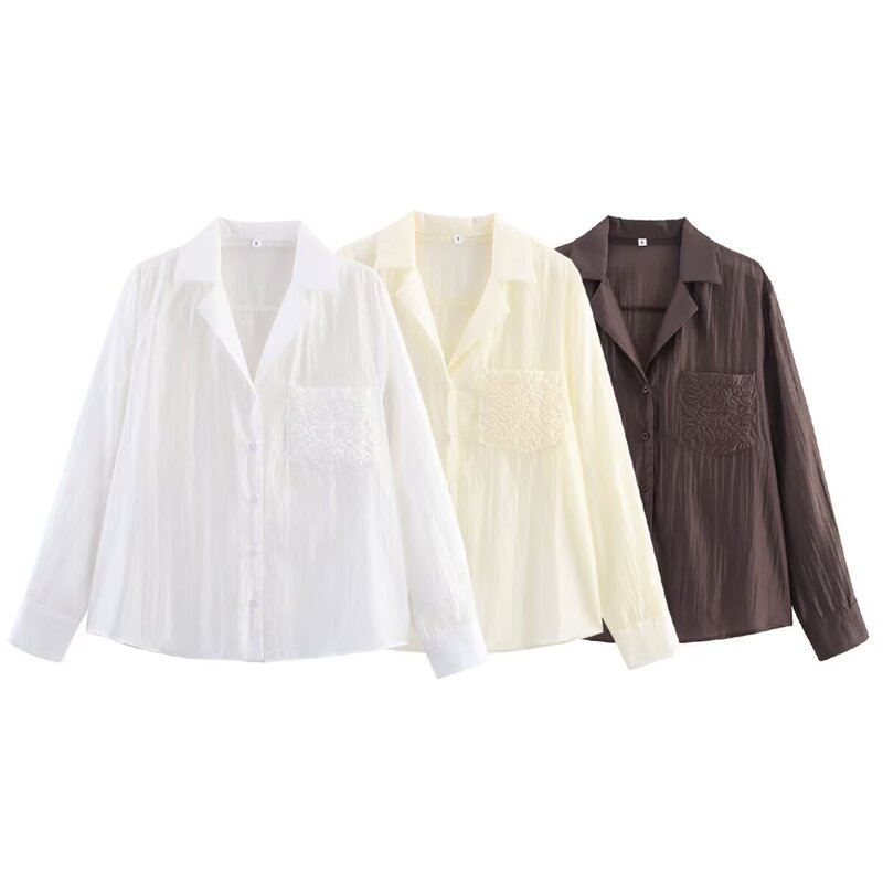 European and American Cross-Border Women's Clothing Wholesale Women's Three-Color Embroidered Pocket-Decorated Long-Sleeve Shirt European and American Cross-Border Women's Clothing Wholesale Women's Three-Color Embroidered Pocket-Decorated Long-Sleeve Shirt