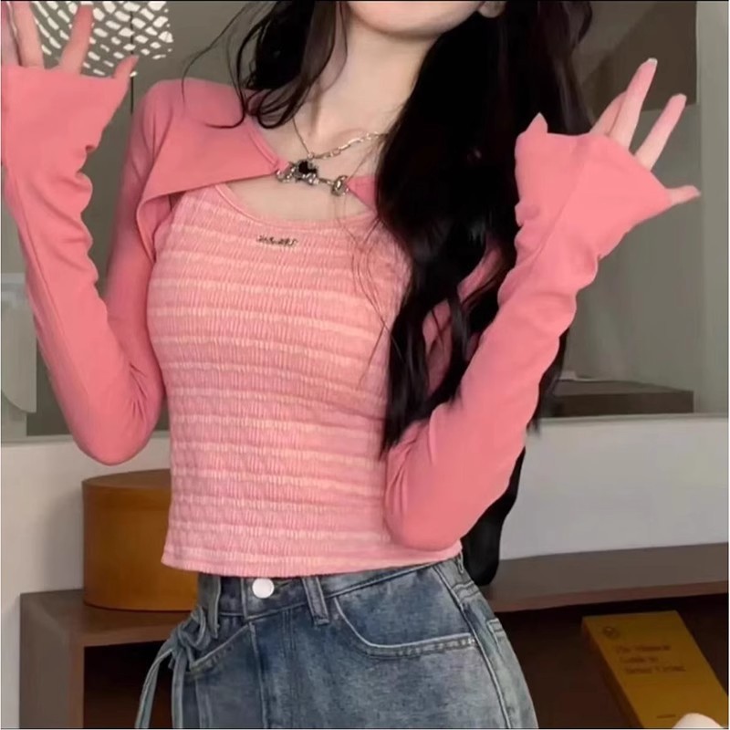 大きいサイズの甘い長袖のストラップのtシャツの女性の秋は腰を収めてやせています。|undefined