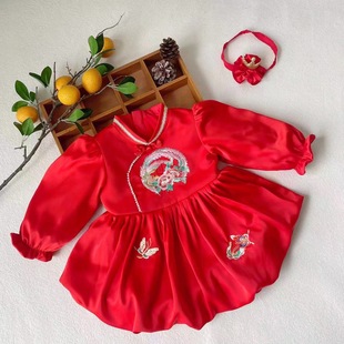 Baby girl's one-year-old dress spring and summer baby catch week clothes one-year banquet Chinese style cheongsam hundred-day banquet princess dress