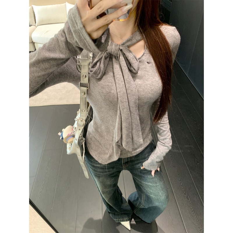 秋季荷叶边飘带长袖T恤女设计感修身显瘦chic别致上衣潮灰色欧美|undefined