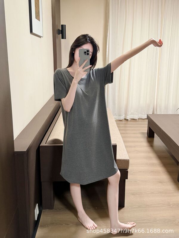 女性用サマーパジャマ、カジュアルラウンドネック、無地、ゆったり、シンプル、半袖、固定胸パッド付き、ミドル丈ナイトガウン、ホームウェア|undefined
