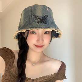 韩版复古刺绣蝴蝶牛仔渔夫帽女大头围显脸小水洗做旧水桶帽子新款