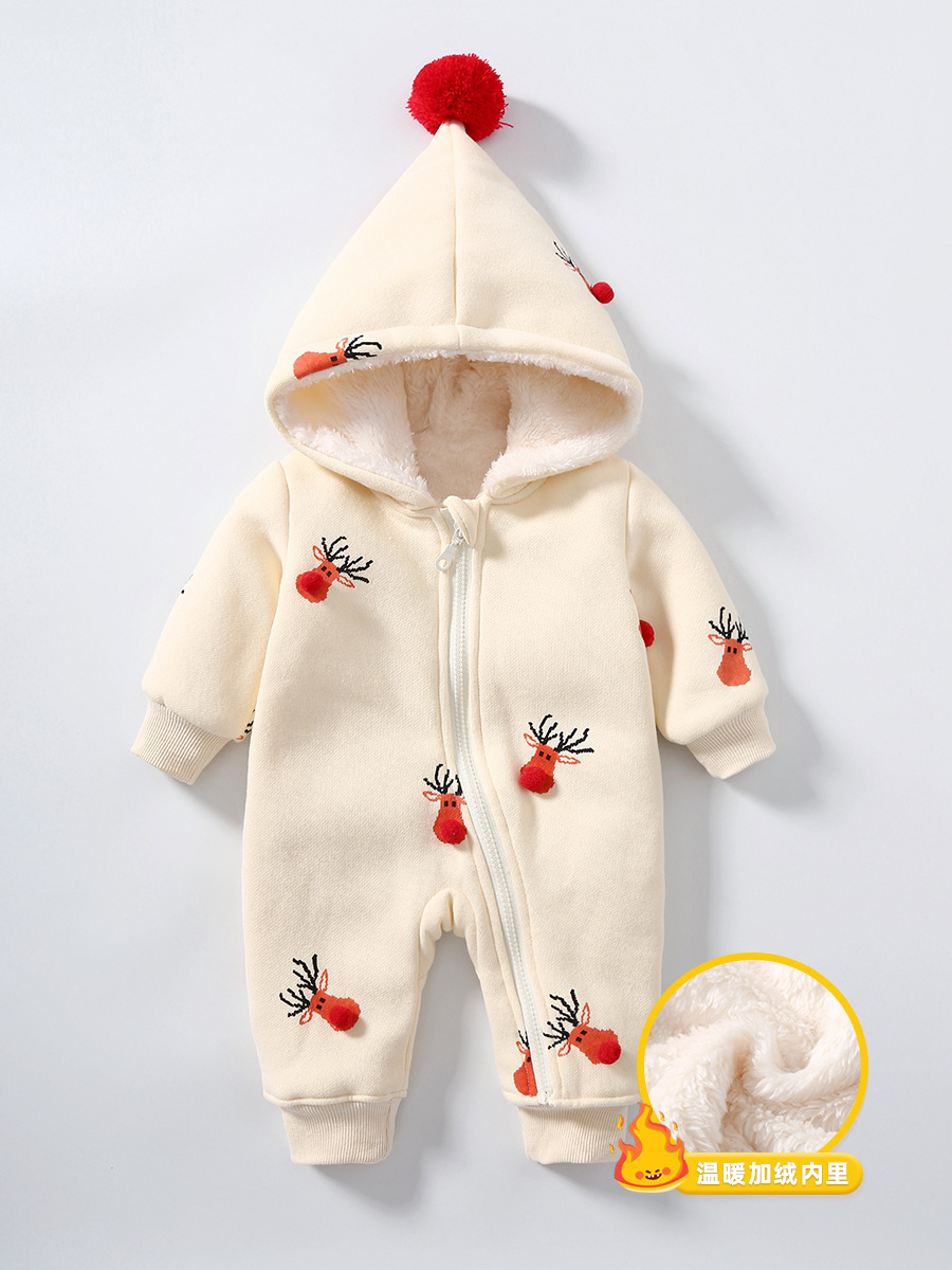 Bebé Otoño e Invierno mono Navidad alces caqui forrado de lana caliente ropa de bebé 0-2 años de edad bebé ins mameluco