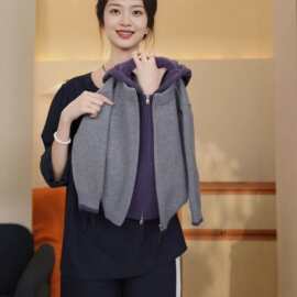 女童假两件连帽针织开衫外套2026春秋新款中小童紫色拼接拉链毛衣