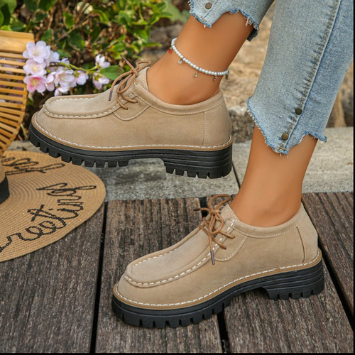 Large size soft-sole casual single-layer shoes for autumn and winter independent stand square head solid color stitching lacing loafers